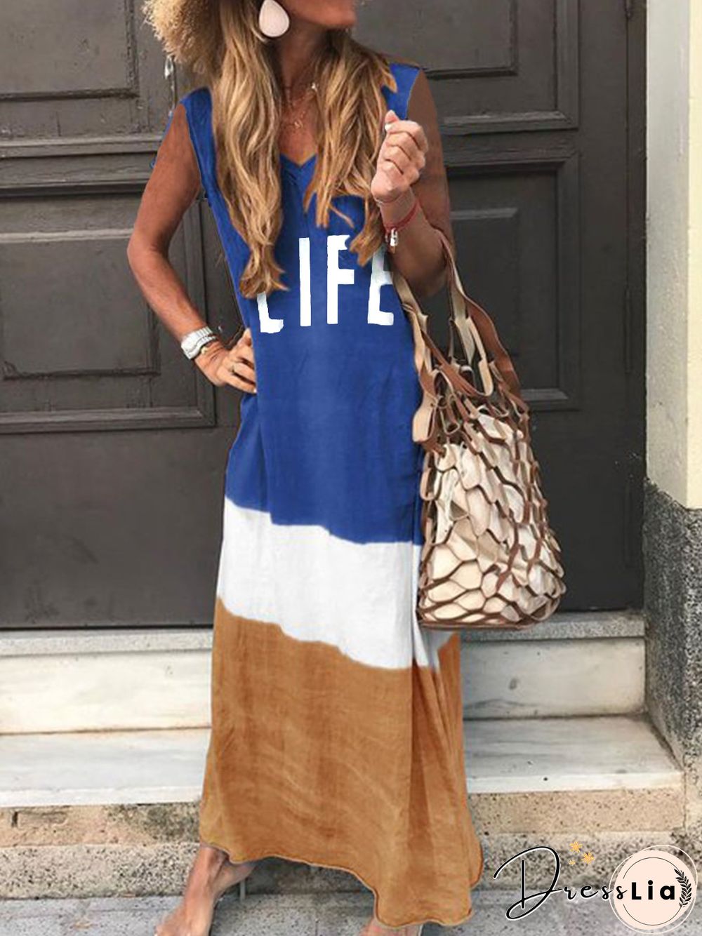 Maxi Knitting Dress Striped Sleeveless Cotton-Blend Knitting Dress For Women