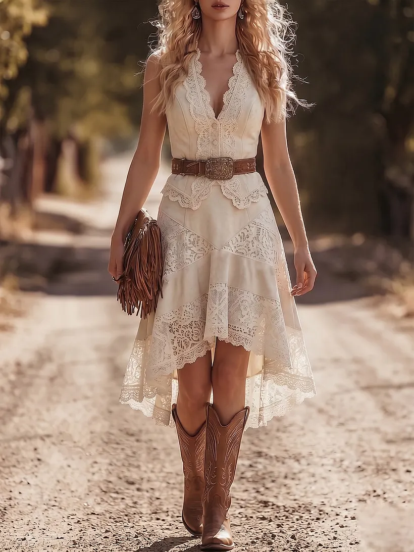 Luxury Western Cream Two-Piece Style Lace Midi Dress