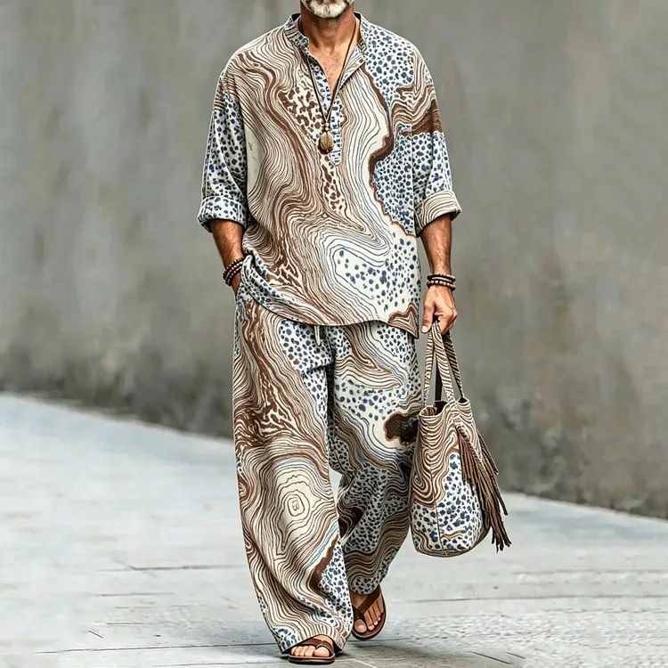 Men's Vintage Japanese Abstract Art Print Shirt And Pants Two Piece Set