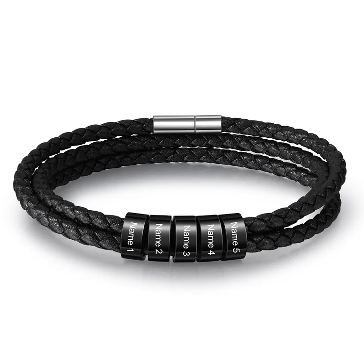 Personalisiertes Herren 5 Namen Schwarz Leder Armband mit Edelstahl Perle