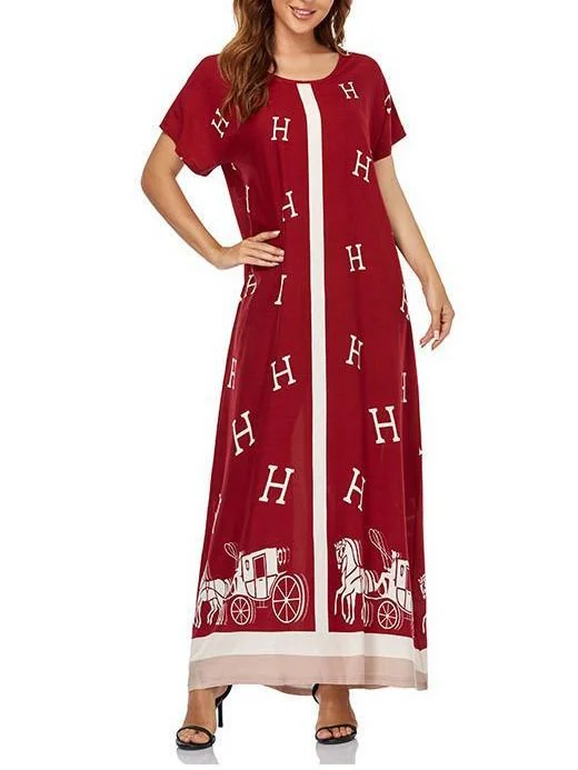 Women's Scoop Neck Short Sleeve Printed Midi Dress