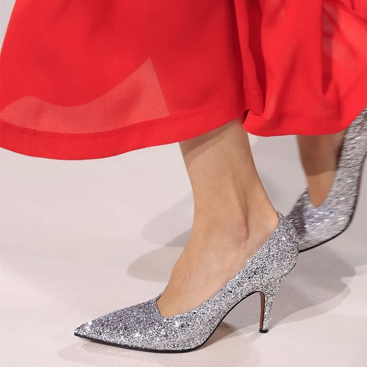 Silver Sparkly Heels Pointy Toe Stiletto Heels Glitter Shoes |FSJ Shoes