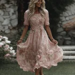 Women's Floral Art Print Flowy Linen Blend Casual Short Sleeve Maxi Dress - Image 2