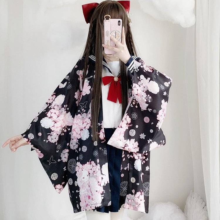 Cat Sakura Print Loose Cardigan Kimono Outerwear - Modakawa modakawa