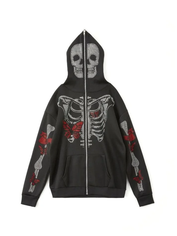 Aonga - Men's Rhinestone Butterfly Skull Zip Up Hoodie