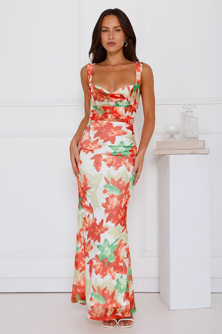 Floral Print Slim Fit Open Back Slip Maxi Dresses-Red [Pre Order]