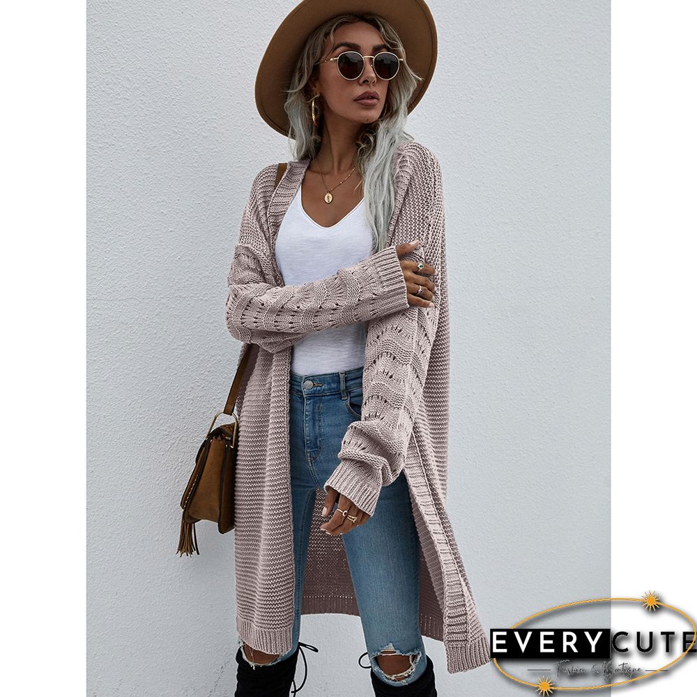 Solid Cameo Open Front Knitted Long Cardigan