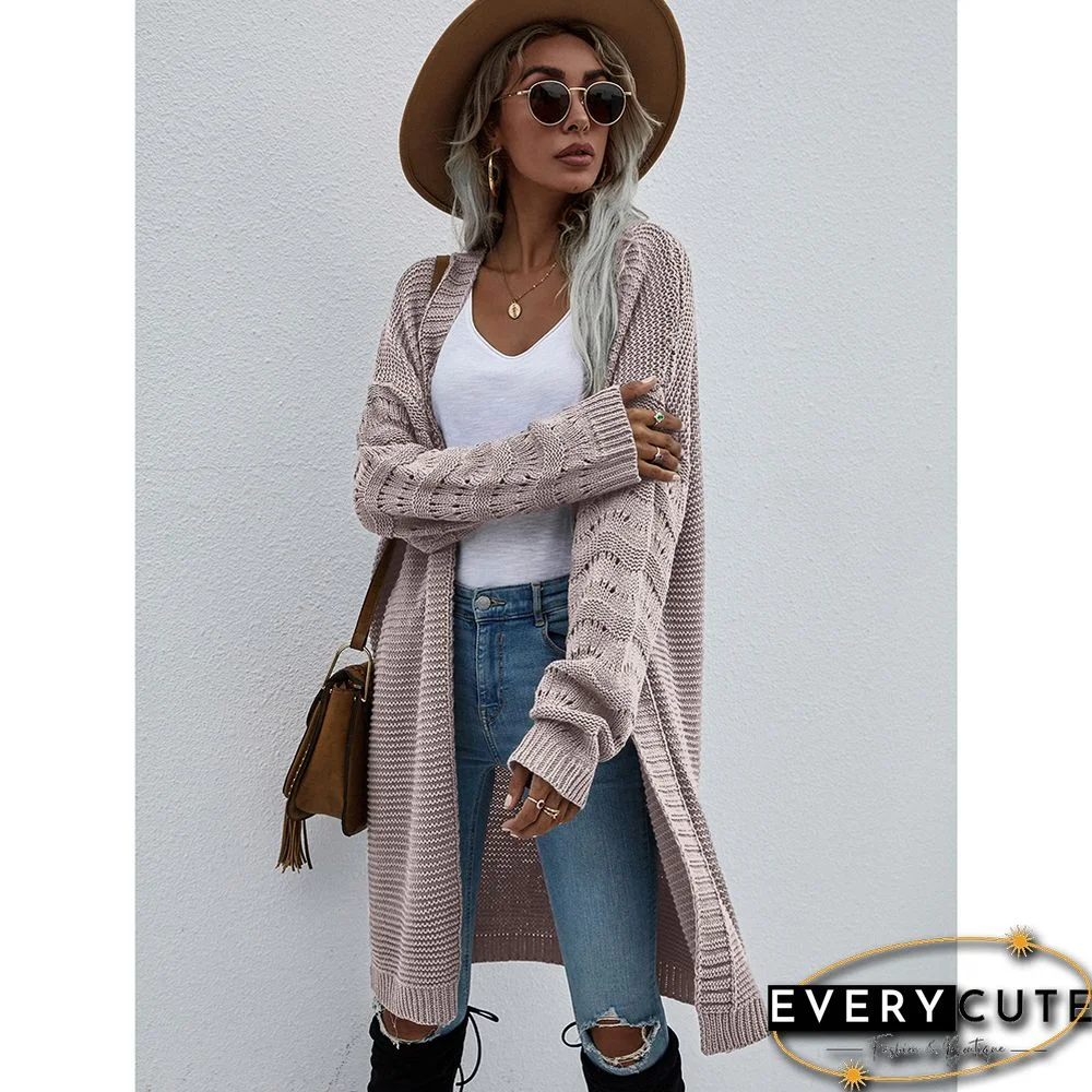 Solid Cameo Open Front Knitted Long Cardigan
