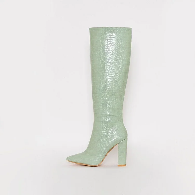 Mint Lizard Print Chunky Knee High Boots with Heels Vdcoo