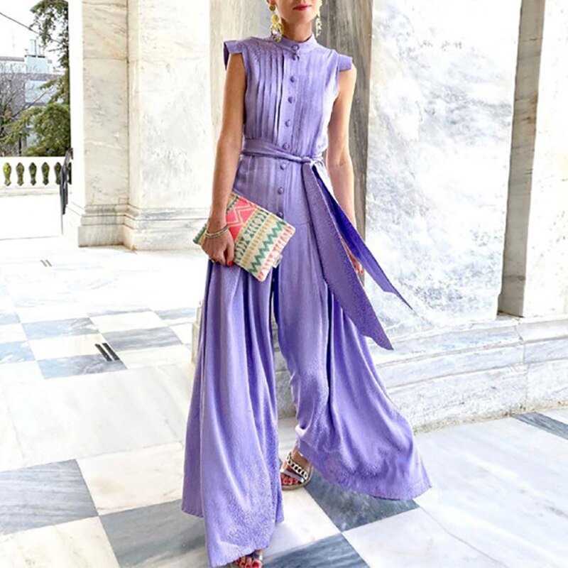Summer Fashion Stand Collar Chiffon Button Printed Lace-up Wide-leg Pants Jumpsuit Elegant Slim Sleeveless Loose Party Jumpsuits