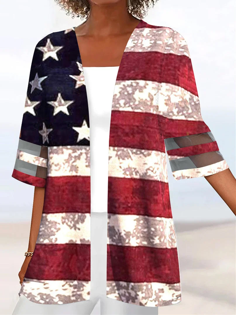 Women Half Sleeve Scoop Neck Striped Colorblock National Flag Two-Pieced Tops