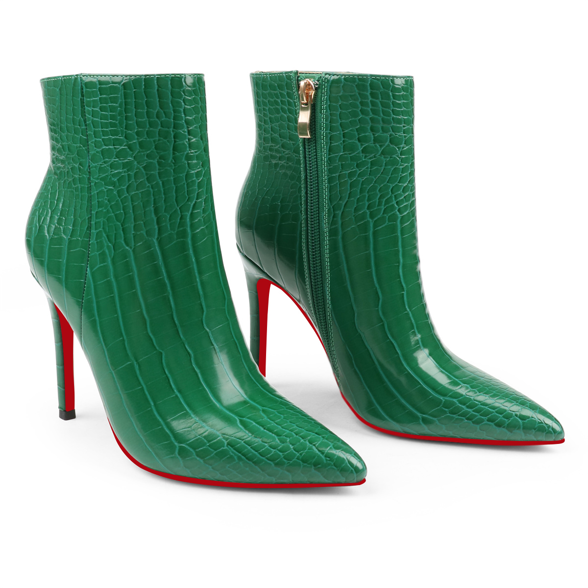 100mm Women's Ankle Boots Middle Heels Pointed Toe Stiletto Red Bottom Croc Boots-MERUMOTE