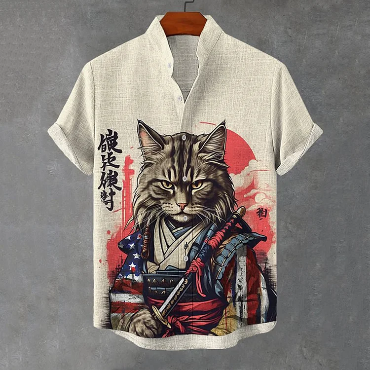 Men's Japanese Samurai Cat Prints Casual Linen Blend Shirt