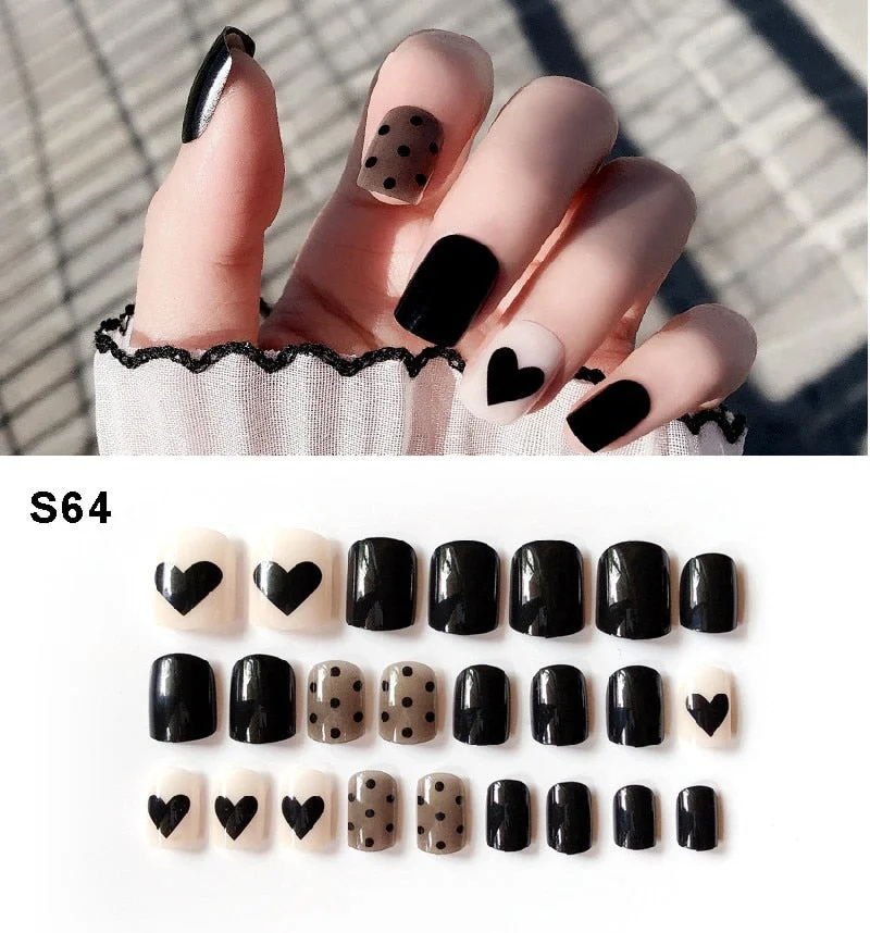 24pcs/set Elegant Fake Nails Black White Stripe Color Mix Chic Short False Nails with Pearl Rhinestone Square Acrylic Nails Tips-Nail Inspo
