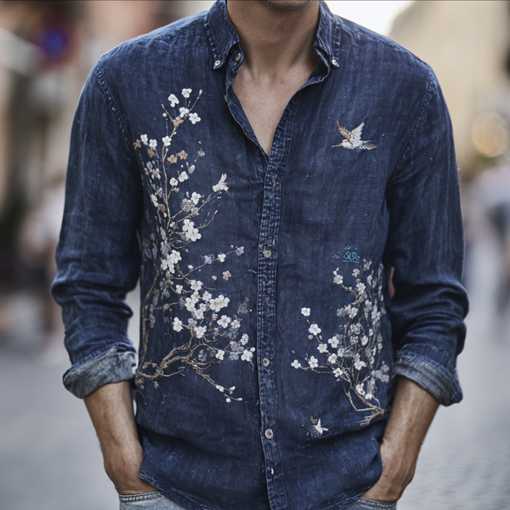 Japan Art Cherry Blossom Bird Denim Blue Cotton Linen Cardigan Shirt  artssus