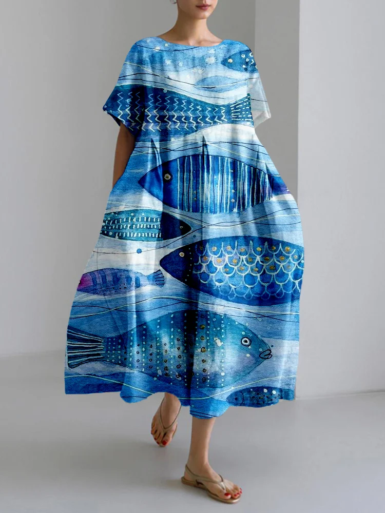 Ocean Fishes Art Pattern Linen Blend Maxi Dress