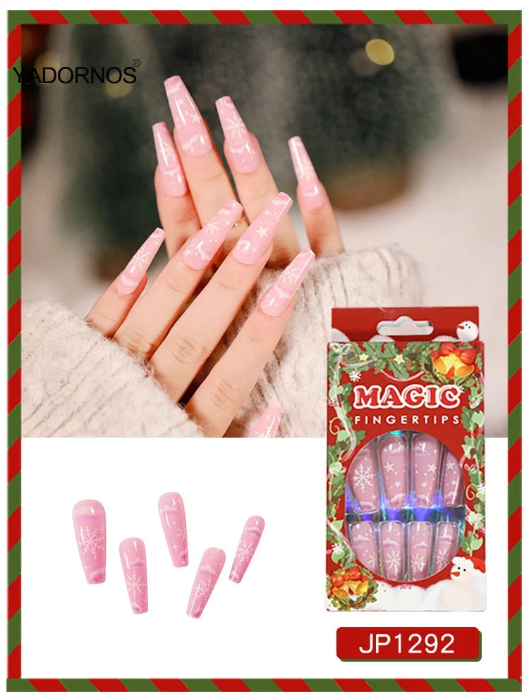 24pcs Christmas Stickers On Nails Patch Glue Type Removable Long coffin Paragraph Fashion Manicure free shipping press on nails-Nail Inspo