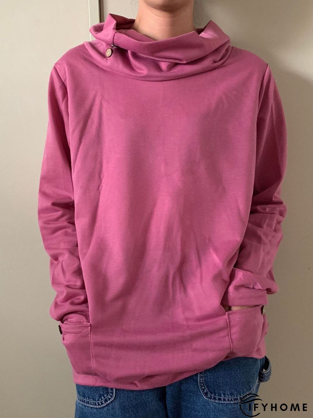 Vintage Plain Long Sleeve Buttoned Cowl Neck Plus Size Casual Sweatshirts | IFYHOME