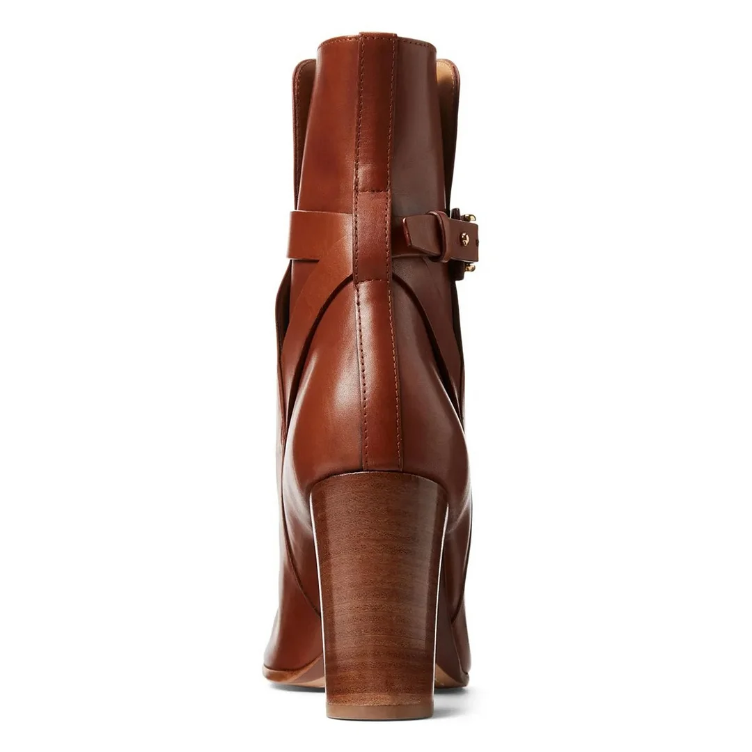 Brown Chunky Mid Heel Decorative Buckle Strap Short Square Toe Boots