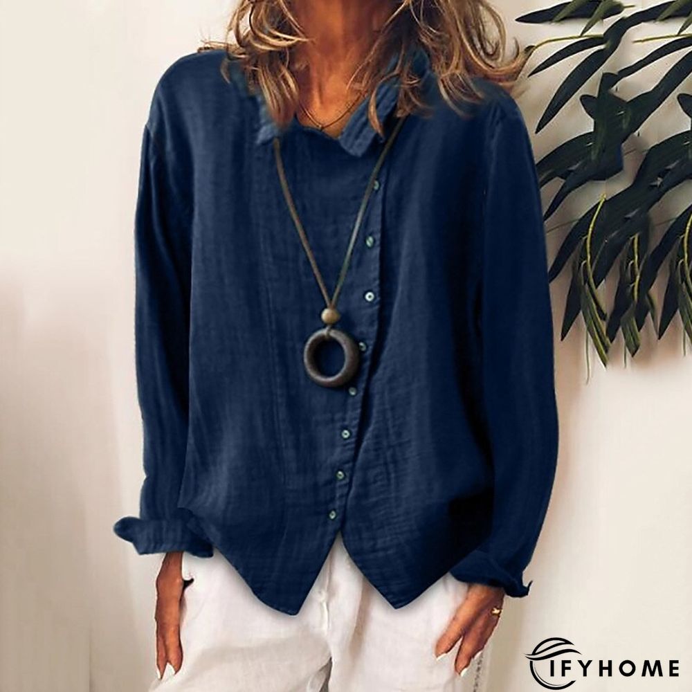 Women's Shirt Blouse White Yellow Blue Plain Button Long Sleeve Daily Weekend Casual Shirt Collar Regular Linen S | IFYHOME
