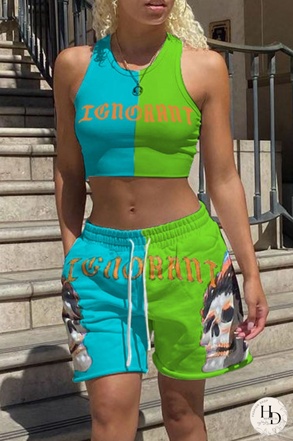 Rose Red Blue Sexy Casual Letter Print Contrast O Neck Sleeveless Two Pieces