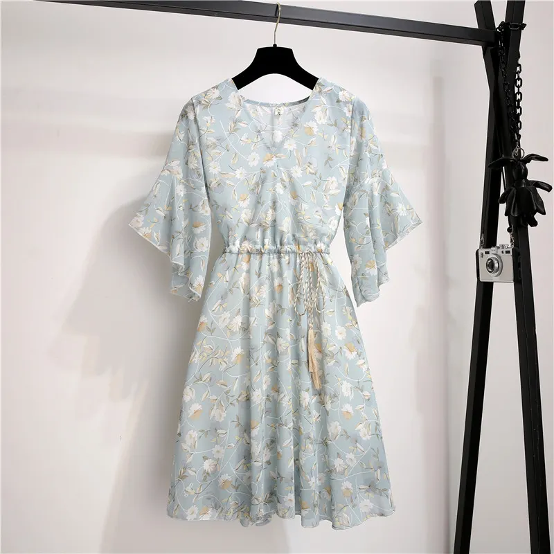 Spring Summer chiffon dress women knee length v-neck print sweet ruffle sleeeve slim new