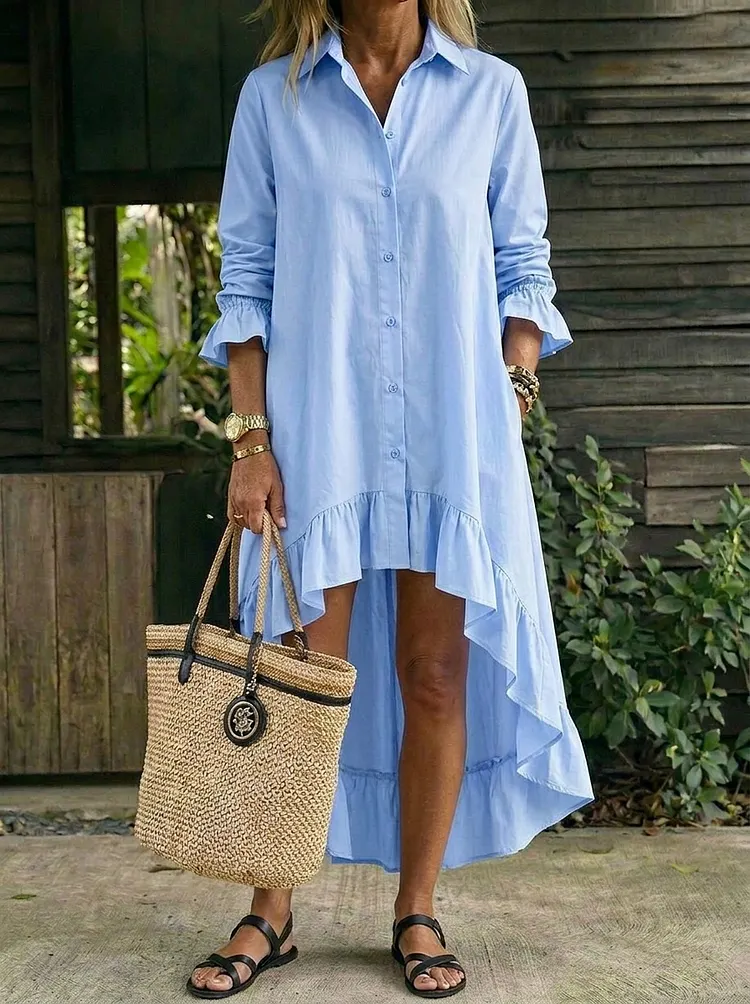 Women&rsquo;s Casual Ruffle Cotton Maxi Shirt Dress