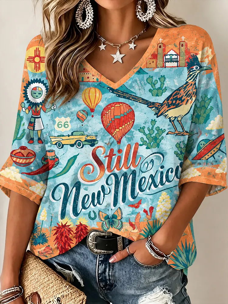 Comstylish Women's Vintage Still New Mexico Landscape Color Print V-neck T-shirt