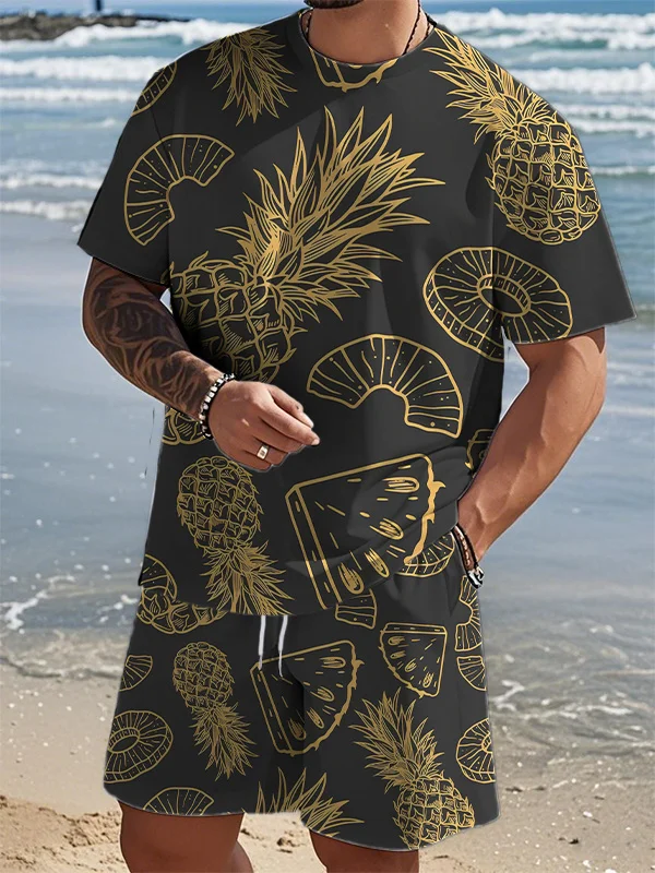 Men's Hawaii Pineapple Graphic Print T-Shirt Shorts Set