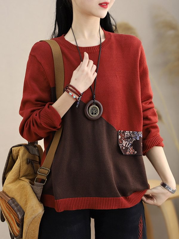 Vintage Applique Contrast Color Split-Joint Round-Neck Sweater
