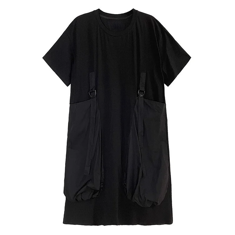 Casual Loose Solid Color O-neck Patchwork Short Sleeve Dress