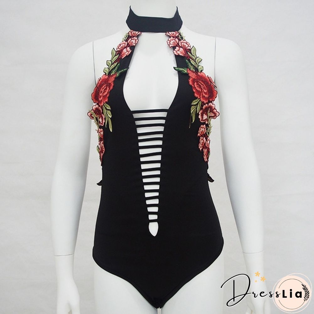 Women's Rose Embroidery Backless Bodysuit High Waist Sexy Rompers