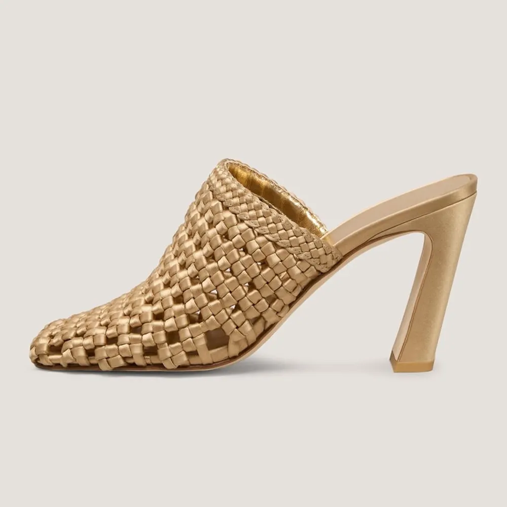 Gold Satin Woven Square Toe Slip On Block Heel Mules Shoes