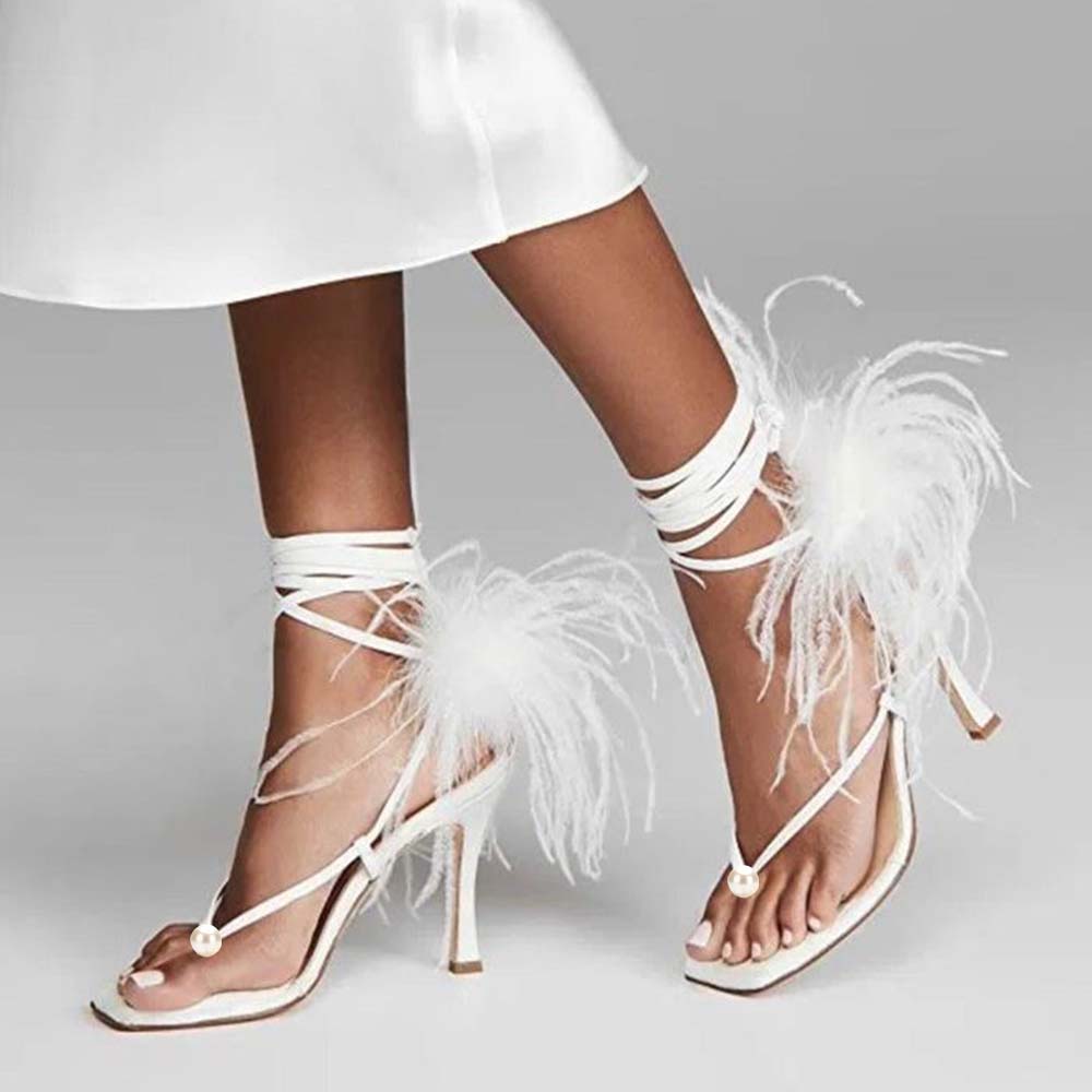 White Feather Square Toe Stiletto Heel Pearl Sandals for Wedding Nicepairs