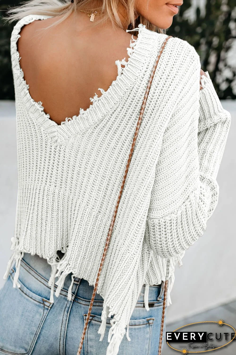 White Tainted Love Cotton Distressed Sweater