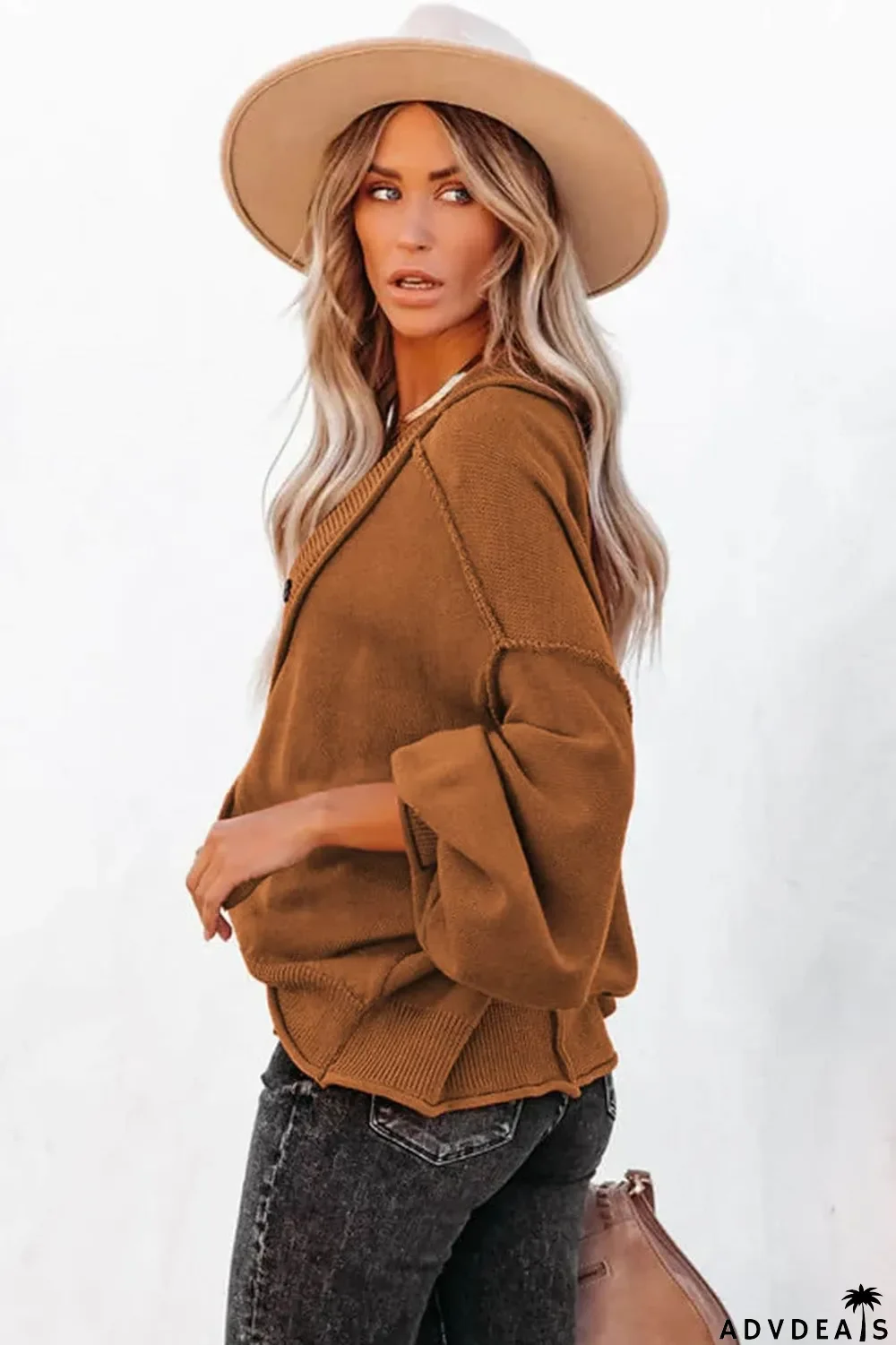 Reverse Seam Trim Puff Sleeve Plunging Cardigan