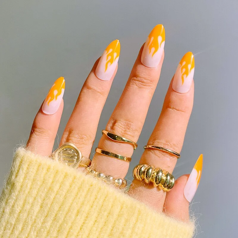 24pcs 4 Fire Patterns Design Cool Girls Hand Decorative False Nails with Glue Full Cover Detachable false nails with designs-Nail Inspo