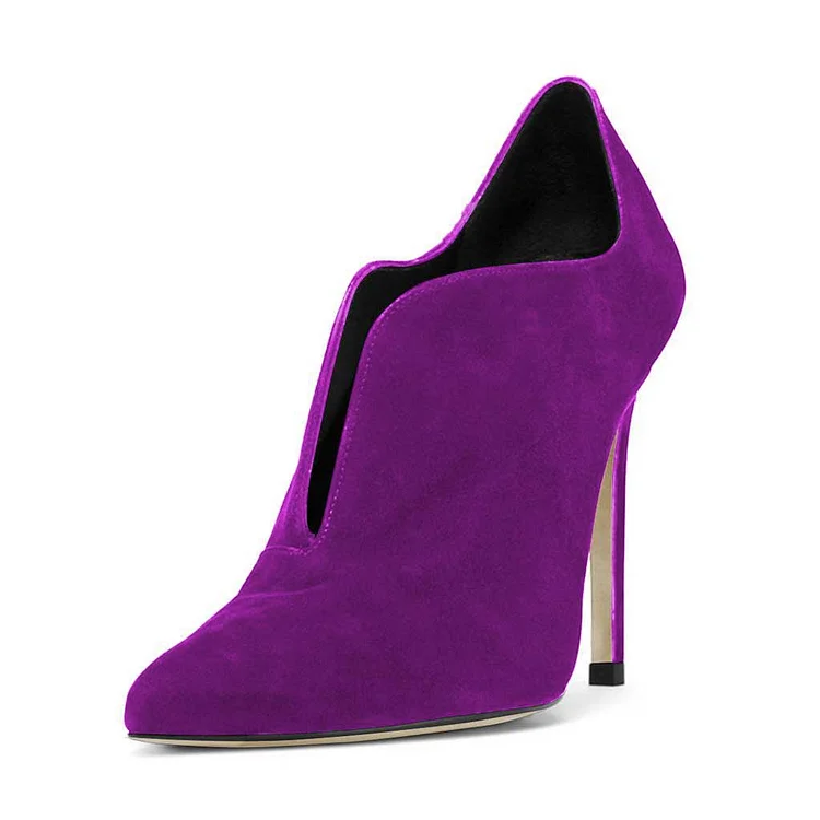 Purple Stiletto Boots Vegan Suede Pointy Toe Heeled Ankle Boots |FSJ Shoes