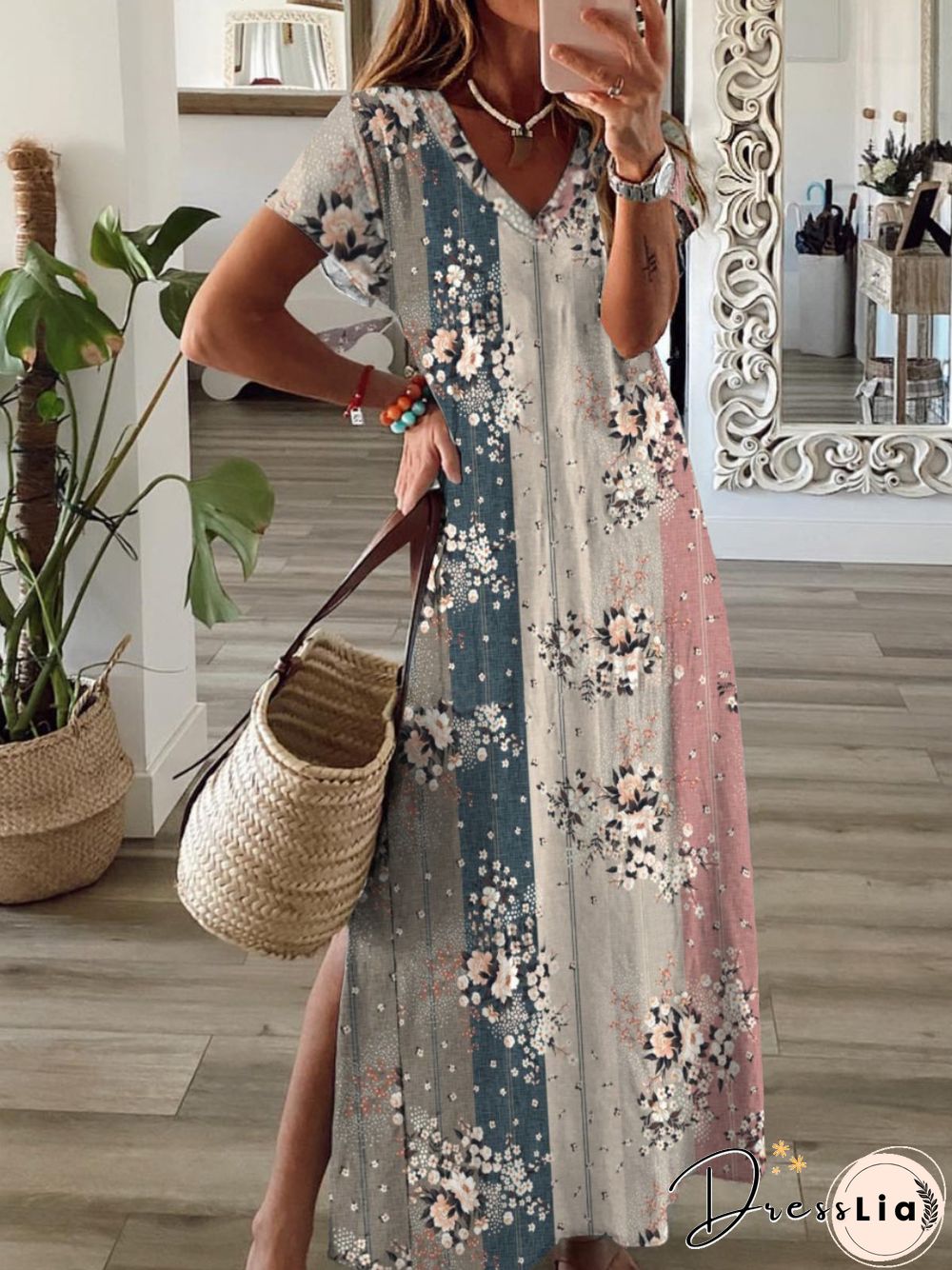 Casual Floral Short Sleeve V Neck Plus Size Printed Dress