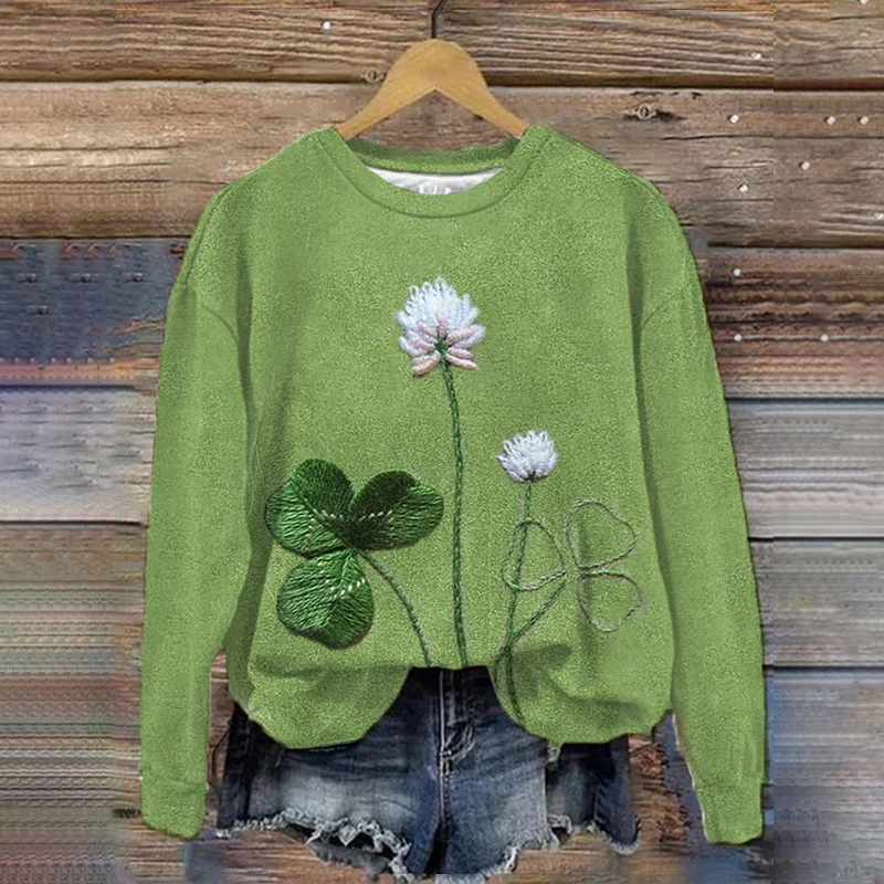 Women's St. Patrick Embroidered Clover Print Sweatshirt wearshes