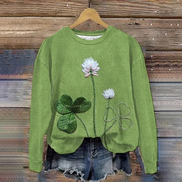 Wearshes Women's St. Patrick Embroidered Clover Print Sweatshirt