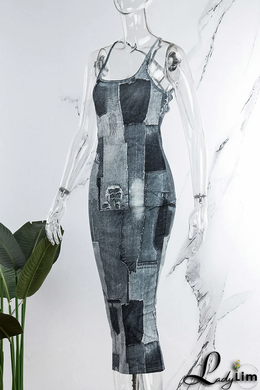 Dark Blue Sexy Print Patchwork Backless Spaghetti Strap Pencil Skirt Dresses