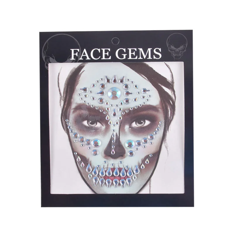 3D Gem Face Sticker Ghost Skull Face with Diamond Decoration Fashion Sexy Face Stickers Prom Holiday Party Face Decoration