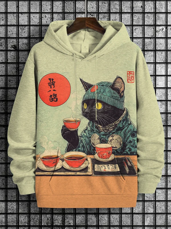 Men's Black Cat Tasting Tea Japanese Tea Ceremony Art Print Hooded Sweatshirt