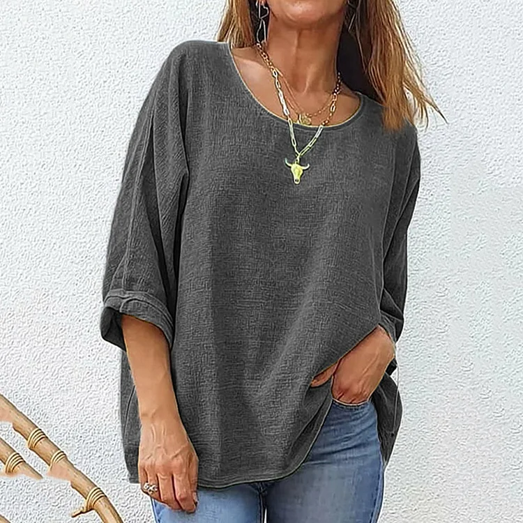 Simpfit Lässiges, lockeres Langarm-T-Shirt aus Nachahmung aus Baumwolle und Leinen für Damen mit Rundhalsausschnitt