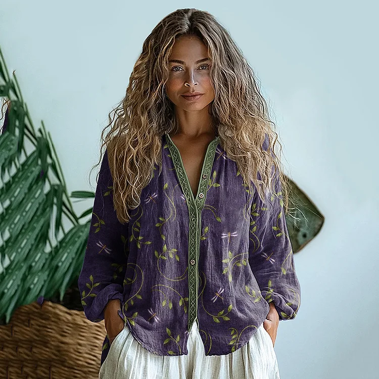 Simpfit Langärmliges Hemd aus Leinen mit Libellen-Print im Bohemian-Stil