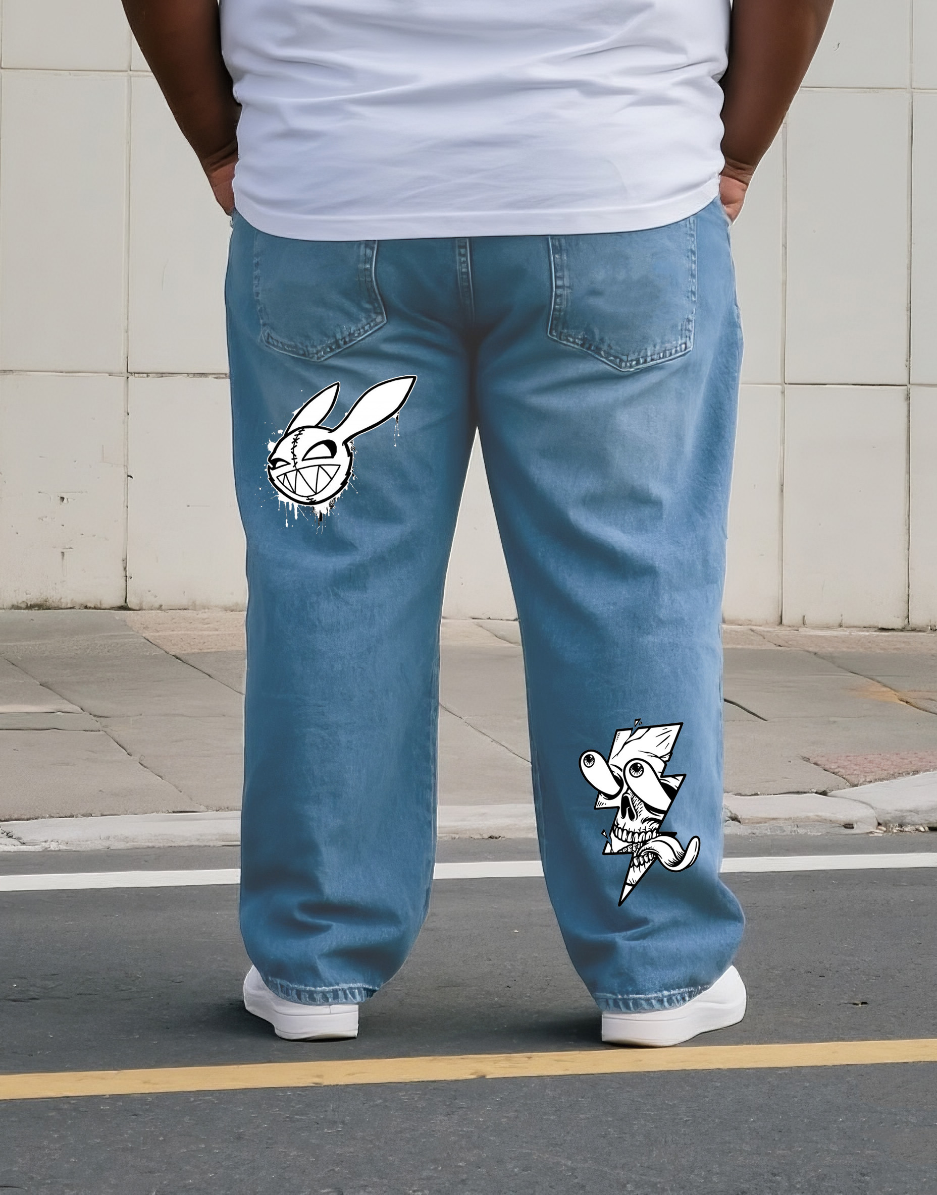 Big & Tall Men's Street Fashion Trend Personality Skull's Horror Print Denim Pants. Solid Front