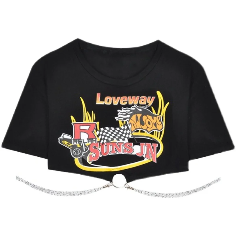 Brownm Brownm 2024 New Hottie Everything Ins Trendy T-Shirt Women's Design Sense Chain Short Crop Black Short-Sleeved Top