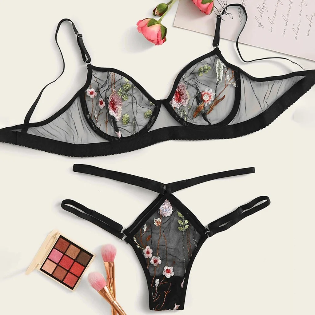 Women's Underwear Sexy Lace Temptation Three Point Lingerie Push Up Bra With Steel Ring Underwear Sets Transparent Bra Thong Set