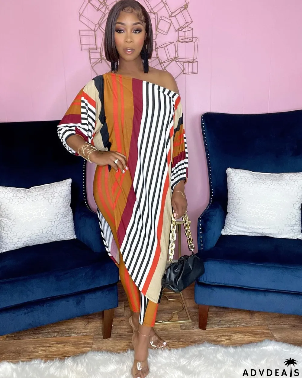 Women's Fashion Casual Loose Plus Size Slash Shoulder Pant Two Piece